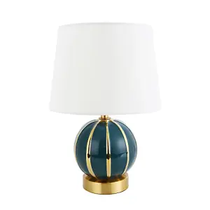 Classic Dark Teal Gloss Ceramic Spherical Table Lamp with Polished Gold Stripes