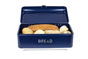 KitchenCraft Steel Bread Bin Midnight blue Kitchen Food Storage with Lid Retro