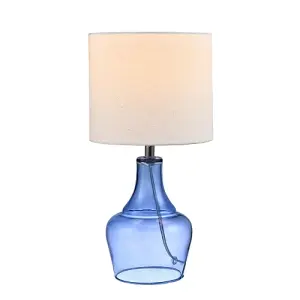 Modern Midnight Blue Glass Lamp with Natural Linen Fabric Shade and Clear Cable