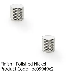 2 PACK - Knurled Cylinder Cupboard Door Knob - 20mm x 20mm - Polished Nickel Pull Handle