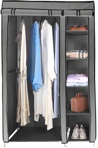 Fabric Canvas Wardrobe Organizer Clothes Rail Shelves Storage Closet Double Tall - Grey