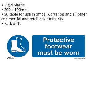 Mandatory Foot Protection Safety Sign - Rigid Plastic 300mm x 100mm for Workplace Use