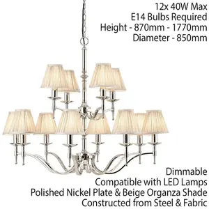 Avery Ceiling Pendant Chandelier Light 12 Lamp Bright Nickel & Beige Pleat Shade