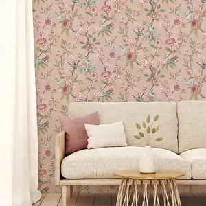 Fine Decor Eleanor Floral Birds Pink Wallpaper Flowers Botanical Feature Wall