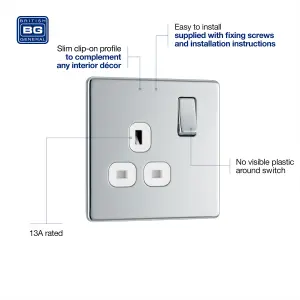 BG FPC21W Nexus Screwless Flat-Plate Single Switched Plug Socket Polished Chrome White Insert 13A