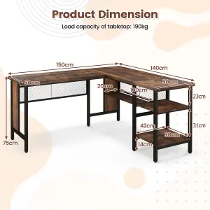 Costway L-Shaped Corner Computer Desk 150cm Large Corner Desk Workstation w/ 2-Tier Shelves