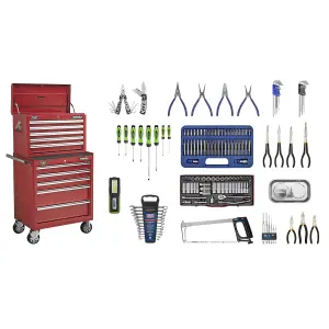 Sealey 146 Pcs 10 Drawers Topchest & Rollcab Tool Kit Garage - Red APCOMBOBBTK55