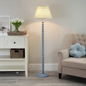 ValueLights Bobbles Powder Blue Bobbin Floor Lamp with Pink Aztec Pleated Shade