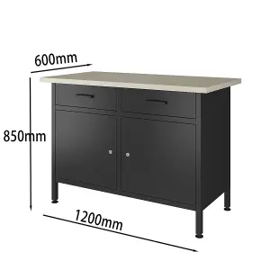 POLLOR 120L x 60W x 85H cm Steel Workbench Storage Cabinet Tool Drawers Garage Workshop Workstation Black 120 cm