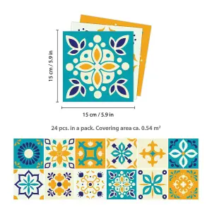 24 Pieces 15x15cm Temara Yellow and Blue Moroccan Tile Stickers