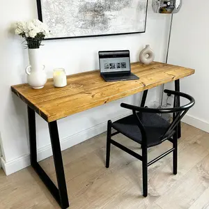 Rustic Solid wooden office desk - 150cm L x 58cm W - Trapeze legs - Rugger Brown