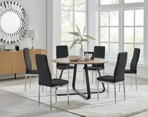 Furniturebox UK Santorini Brown Wood Effect Round Dining Table & 6 Black Milan Chrome Leg Chairs