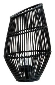 Interiors by Premier Elegant Design Large Black Natural Rattan Lantern, Functional Black Tealight Lantern, Sleek Candle Lantern