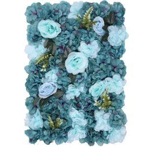 Artificial Flower Wall Backdrop Panel, 60cm x 40cm, Turquoise Blue with Leaves