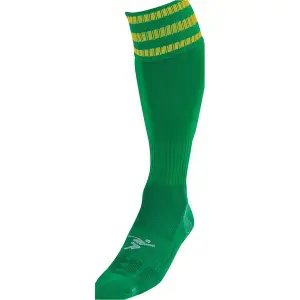 JUNIOR Size 12-2 Pro 3 Stripe Football Socks - GREEN/GOLD - Contoured Ankle