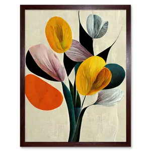 Summer Flowers Floral Bouquet Abstract Boho - Print Brown Framed Paper / 43cm H x 33cm W x 2cm D