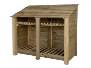 Wooden log store with kindling shelf W-146cm, H-126cm, D-88cm - natural (light green) finish