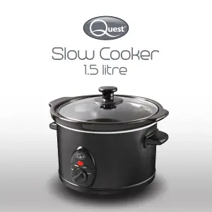 Quest 1.5 Litre Slow Cooker - Black - 3 Temperature Settings - Glass Lid - Dishwasher Safe