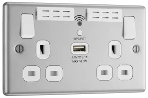 GoodHome Brushed Steel 13A Switched Double WiFi extender socket with USB