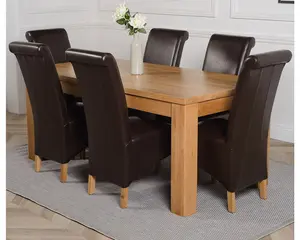 Dakota 182 x 92 cm Chunky Oak Large Dining Table and 6 Chairs Dining Set with Montana Brown Leather Chairs