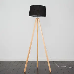 ValueLights Barbro Modern Light Wood Tripod Design Floor Lamp with Black Tapered Shade