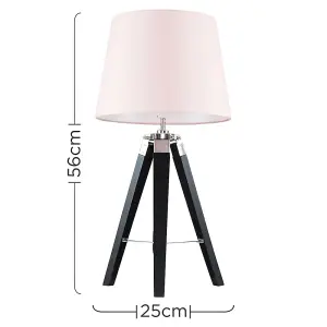 ValueLights Clipper Modern Black Wood and Silver Chrome Tripod Table Lamp with Pink Light Shade