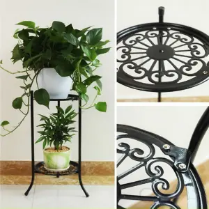 Garden 2 Tier Black Tall Round Rustproof Vintage Plant Stand 64cm H