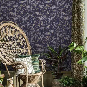 Clarissa Hulse Wild Chervil Blackberry Purple & Gold effect Smooth Wallpaper