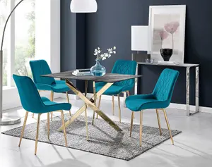 Furniturebox UK Leonardo Grey Glass Marble Effect Gold Leg Table & 4 Blue Pesaro Gold Leg Chairs