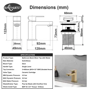 Bathroom Sink Taps, Basin Taps with Waste, Basin Tap Monobloc Brass Bathroom Sink Tap with Sink Plug 492MGO (Gold)
