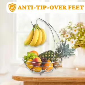 2 in 1 Kitchen Storage Fruit Bowl & Banana Hanger Chrome Metal Finish Modern