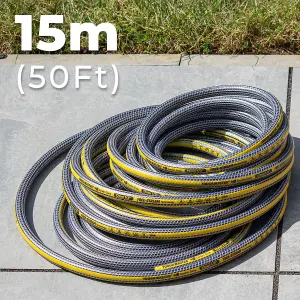 TOUGH MASTER Garden Hose Pipe Reinforced 15m / 50ft With Multi Spray Gun Starter Set 8 function spray gun