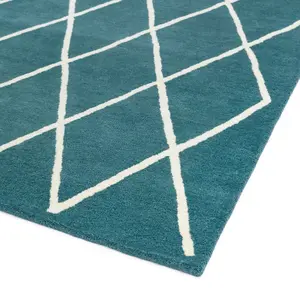 Diamond Teal Wool Chequered Geometric Luxurious Modern Handmade Rug for Living Room and Bedroom-160cm X 230cm