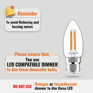 paul russells LED Filament Dimmable Candle Bulb, BC B22, 4.5W 470 Lumens, 40w Equivalent, 2700K Warm White, Pack of 6