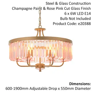 Multi Arm Ceiling Pendant Light Fitting - Champagne & Rose Pink Glass Chandelier