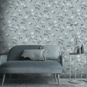 Erismann Abode Laura Floral Flowers Leaves Wallpaper Duck Egg 05549-43