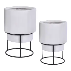 Set of two IDEALIST™ White Reinforced Stone Flower Pots, Round Indoor Planters on Detachable Metal Stands: D20 H35 cm + D26 H50 cm