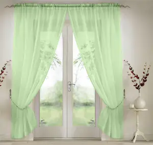 Elegant Plain Voile Curtain Panels PAIR with FREE Tie Backs 150cm x 137cm Lime