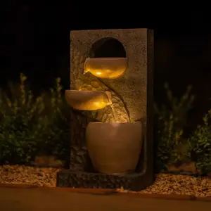 Primrose Solar Powered Pouring Bowls Tiered Cascading Water Wall Water Feature With Battery Backup and LED Lights H48cm