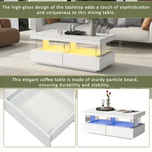 High Gloss Tea Table with 16-Color LED Lights, with 2 Drawers and Open Storage Space, White