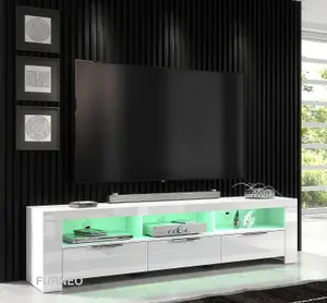 Furneo 200cm White Long TV Stand Unit Cabinet Matt & High Gloss RGB (multicoloured) LED Lights Phantom 10