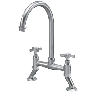 Astini Victoria Brushed Nickel Twin Crosshead Kitchen Sink Bridge Mixer Tap