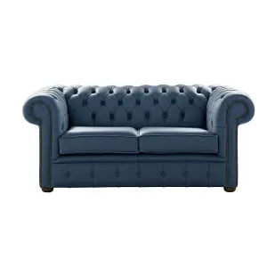 Chesterfield 2 Seater Shelly Majolica Blue Leather Sofa Settee Bespoke In Classic Style