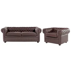 Leather Living Room Set Brown CHESTERFIELD