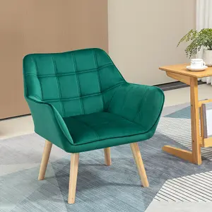 HOMCOM Velvet-Feel Accent Chair w/ Wide Arms Slanted Back Wood Legs Green