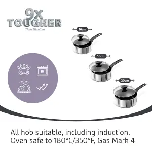 Prestige 9 x Tougher Silver Round Stainless Steel Induction Suitable Cookware Set with Free Milk Pan Pack of 4