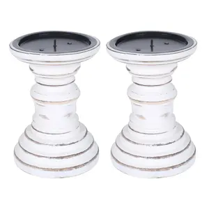 SET OF 2 Rustic Antique Carved Wooden Pillar Church Candle Holder, Antique White, Small 13cm