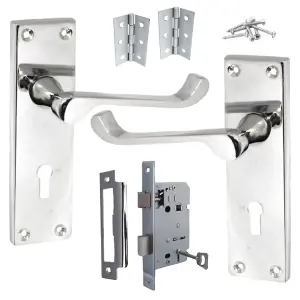 Door Handles Victorian Scroll Lever Lock - Chrome Pack Hinges 150 x 40mm