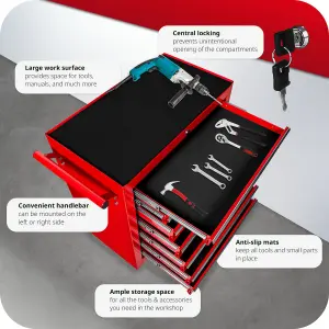 Tool Box - with wheels, 7 drawers, central locking system - red