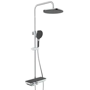 Chrome Thermostatic Rigid Riser Overhead Shower Kit with Tempered Glass Mixer Valve Shelf - Black Trim